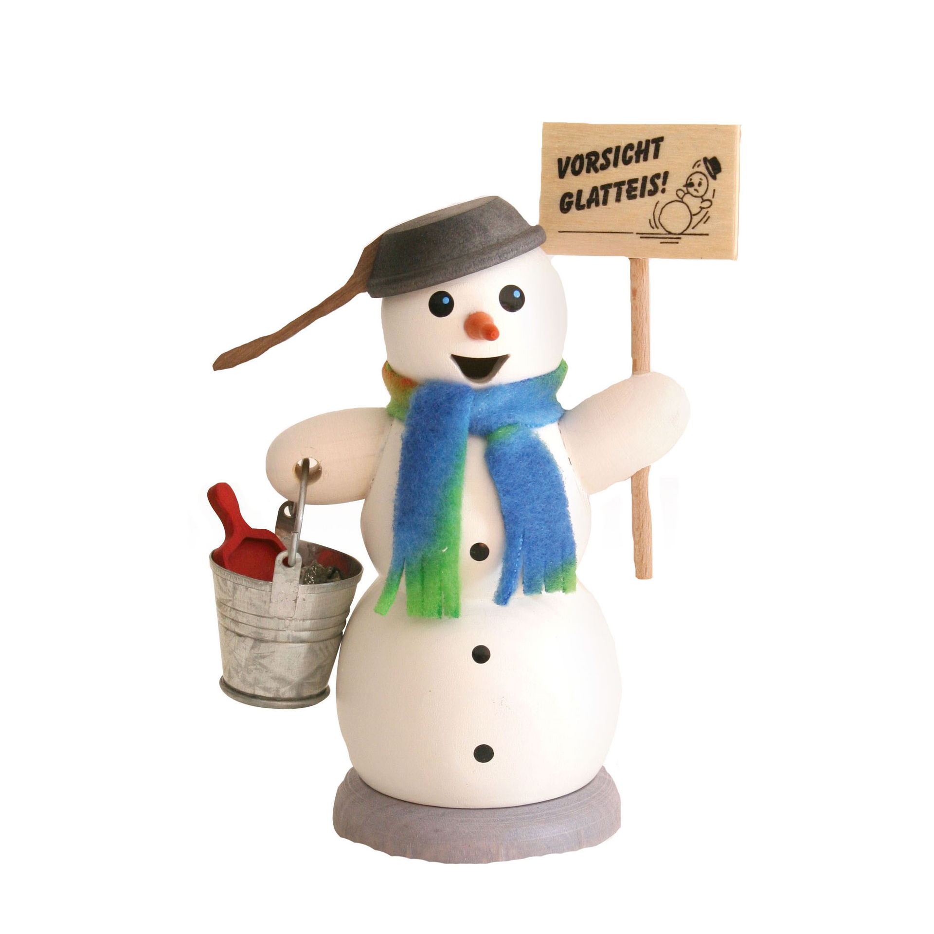 Schneemann mit Schild Vorsicht Glatteis