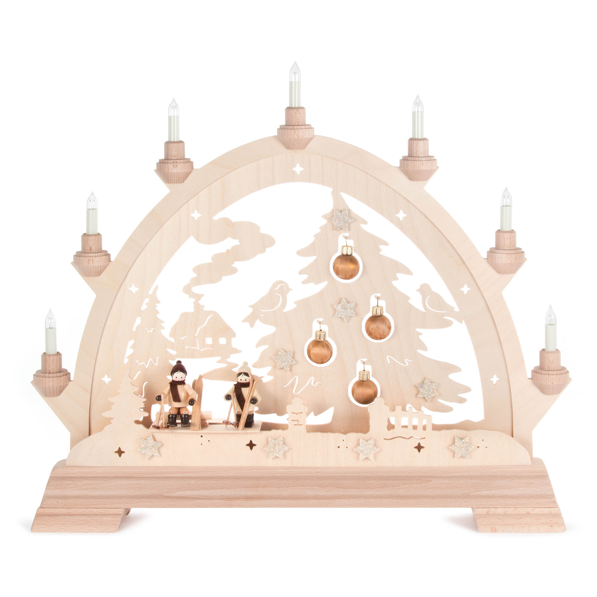 Schwibbogen Skifahrer und Baumkugeln Schwibbogen Skifahrer und Baumkugeln