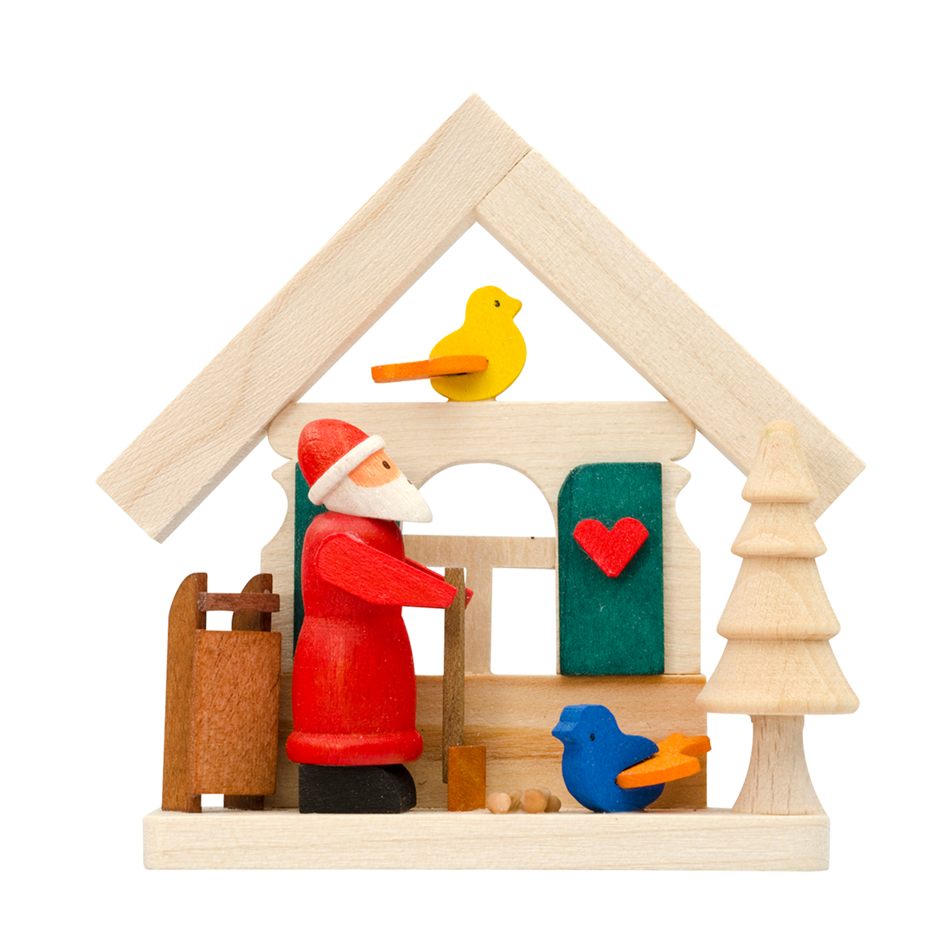 Baumschmuck Haus mit Weihnachtsmann und Vogelfütterung 