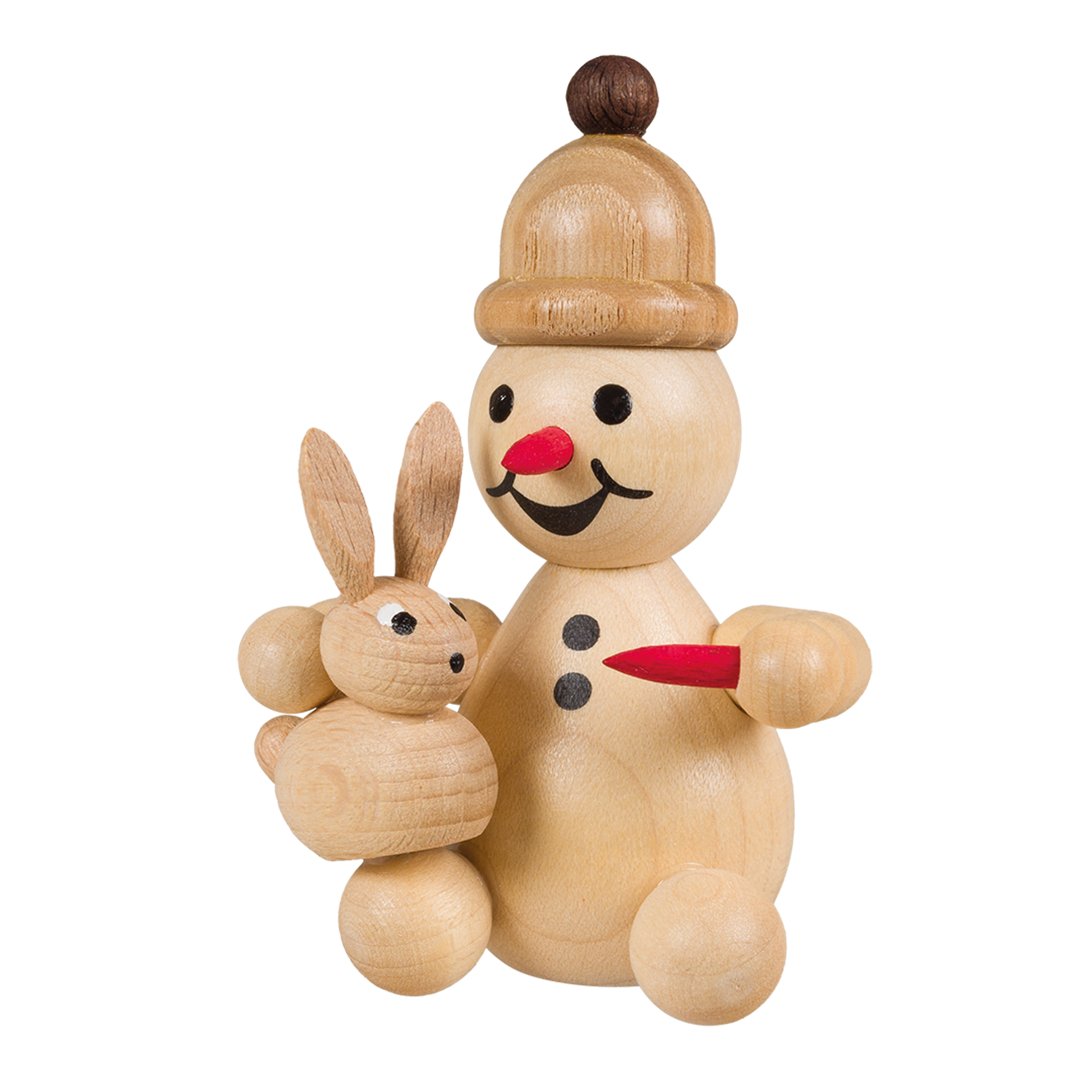 Schneemann Junior mit Hase auf Schoß, sitzend Schneemann Junior mit Hase auf Schoß, sitzend