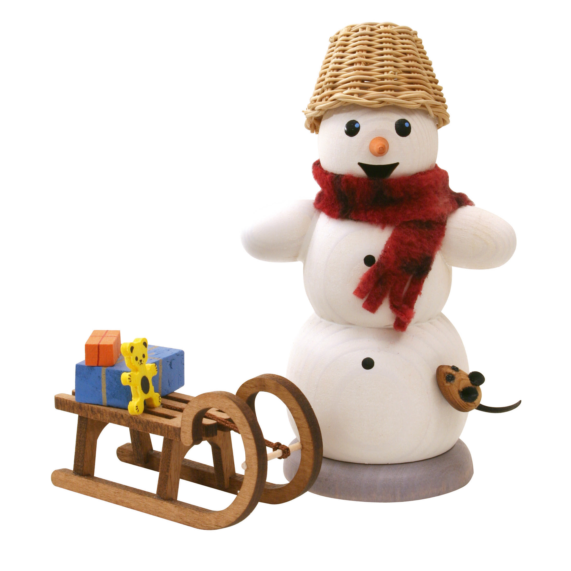 Schneemann mit Schlitten und Maus