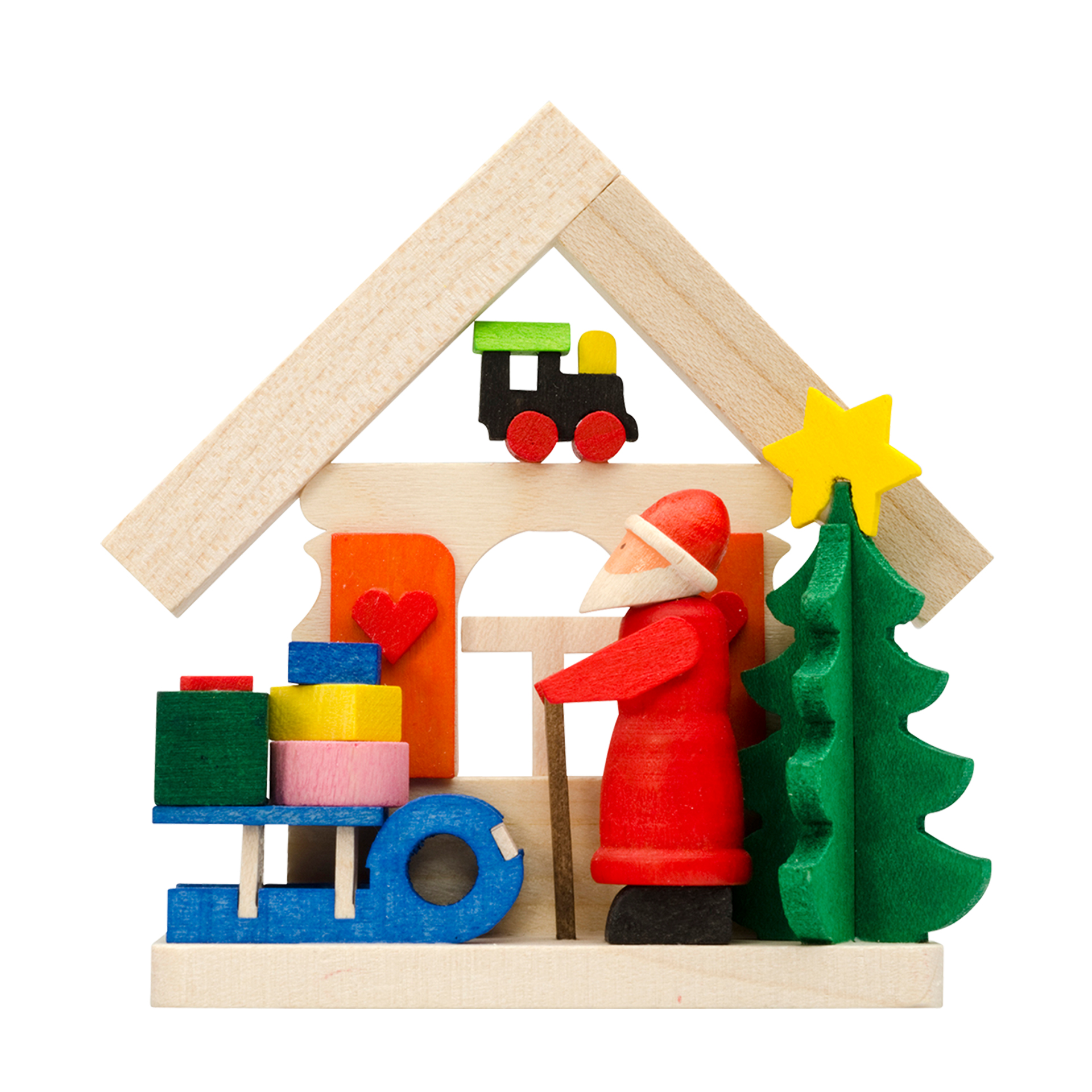 Baumschmuck Haus mit Weihnachtsmann und Schlitten 