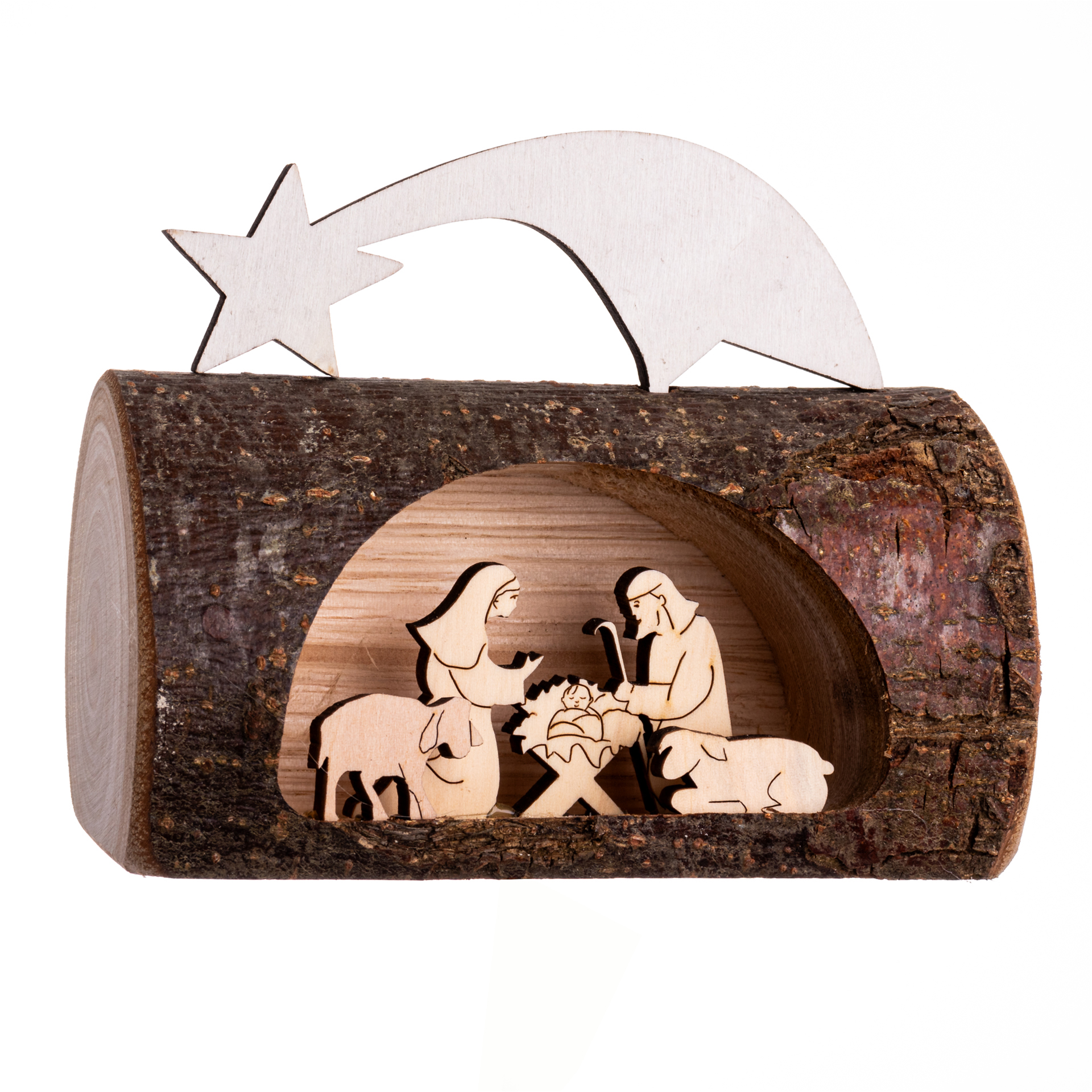 Holzstamm mit Heiliger Familie