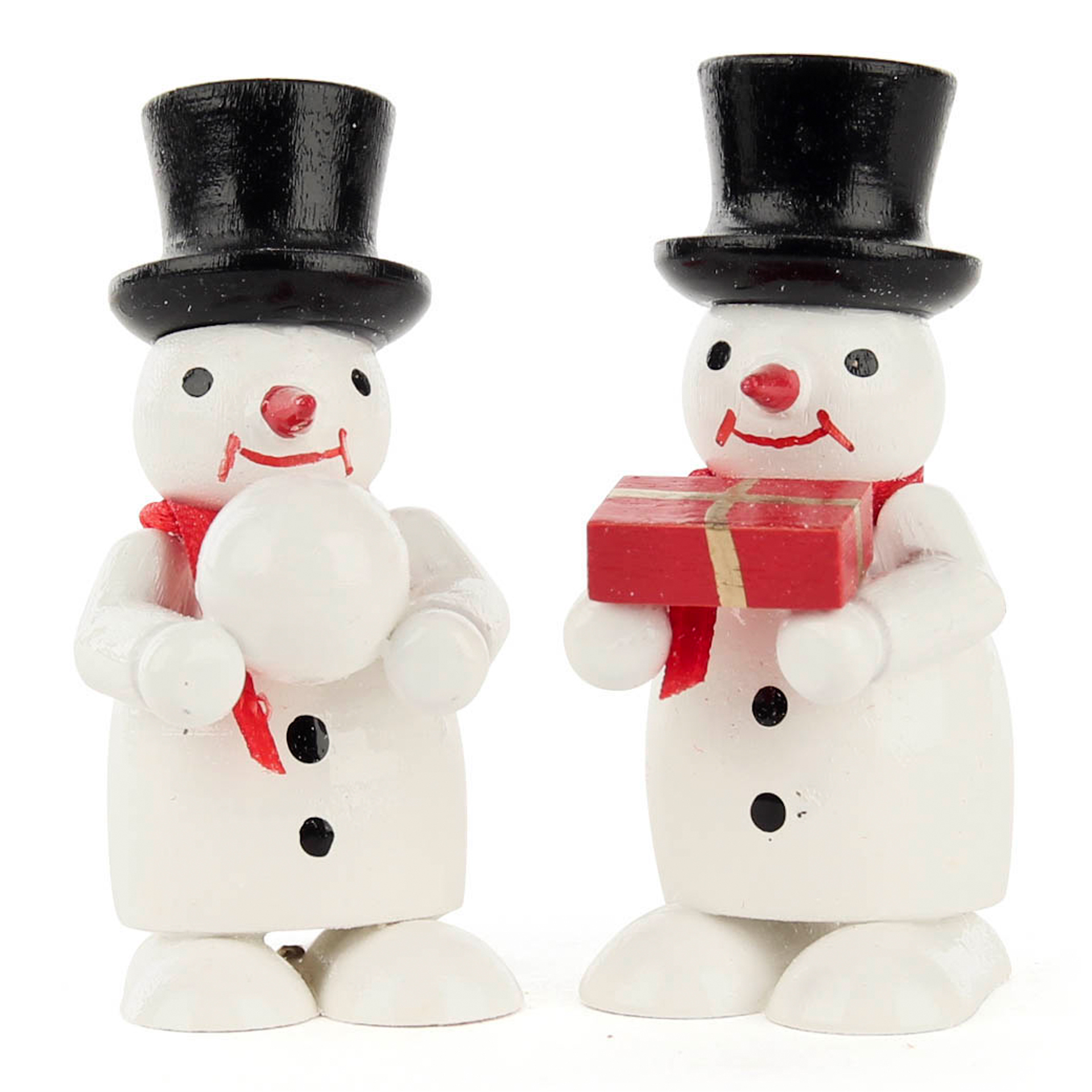 Miniatur Schneemänner mit Geschenk und Schneeball, farbig 