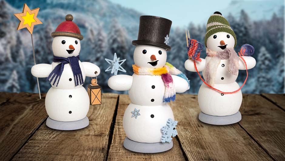 neue Rauchschneemänner von Kuhnert, Motive Sternsänger, Schneestern, Strickzeug