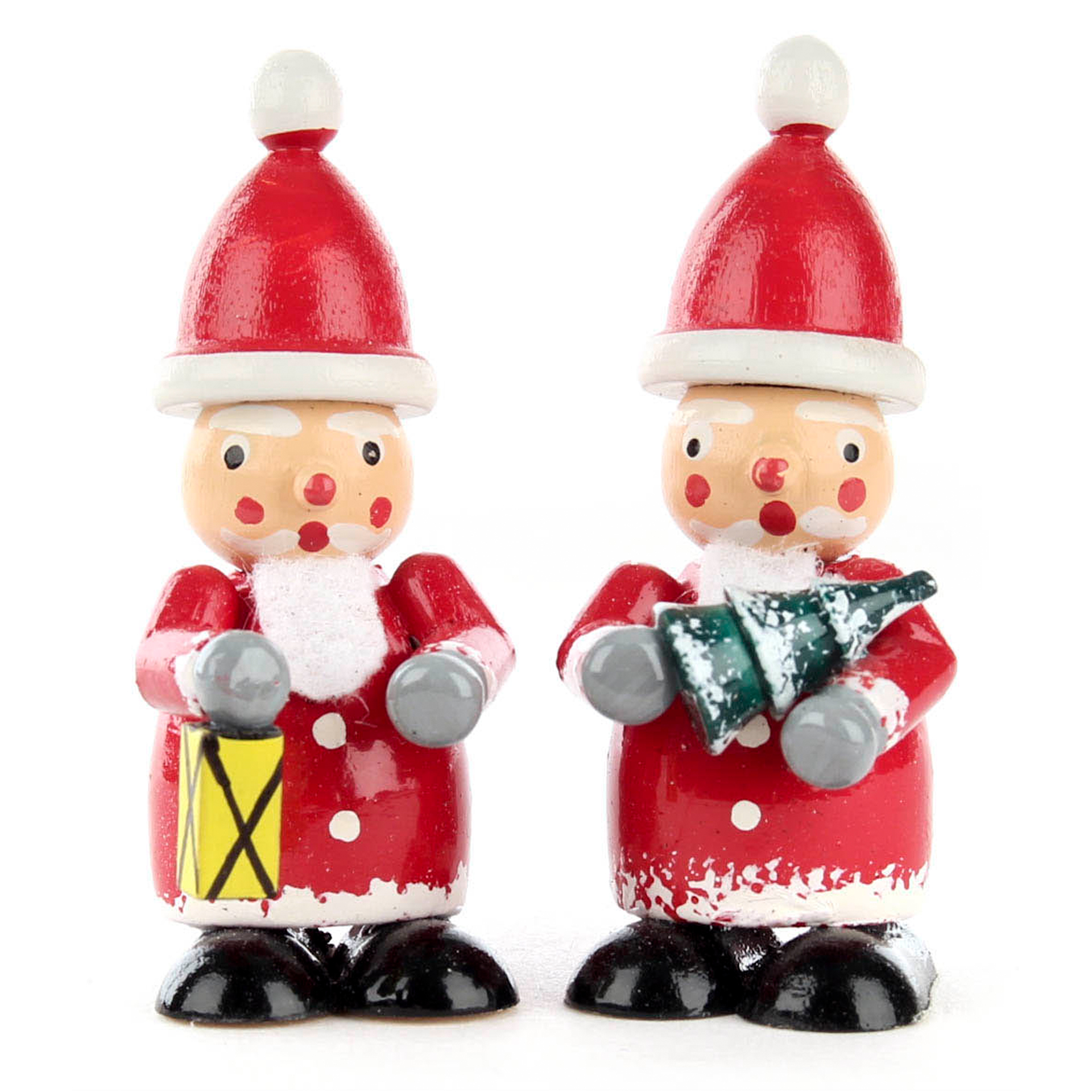 Miniatur Weihnachtsmänner mit Baum und Laterne, farbig 