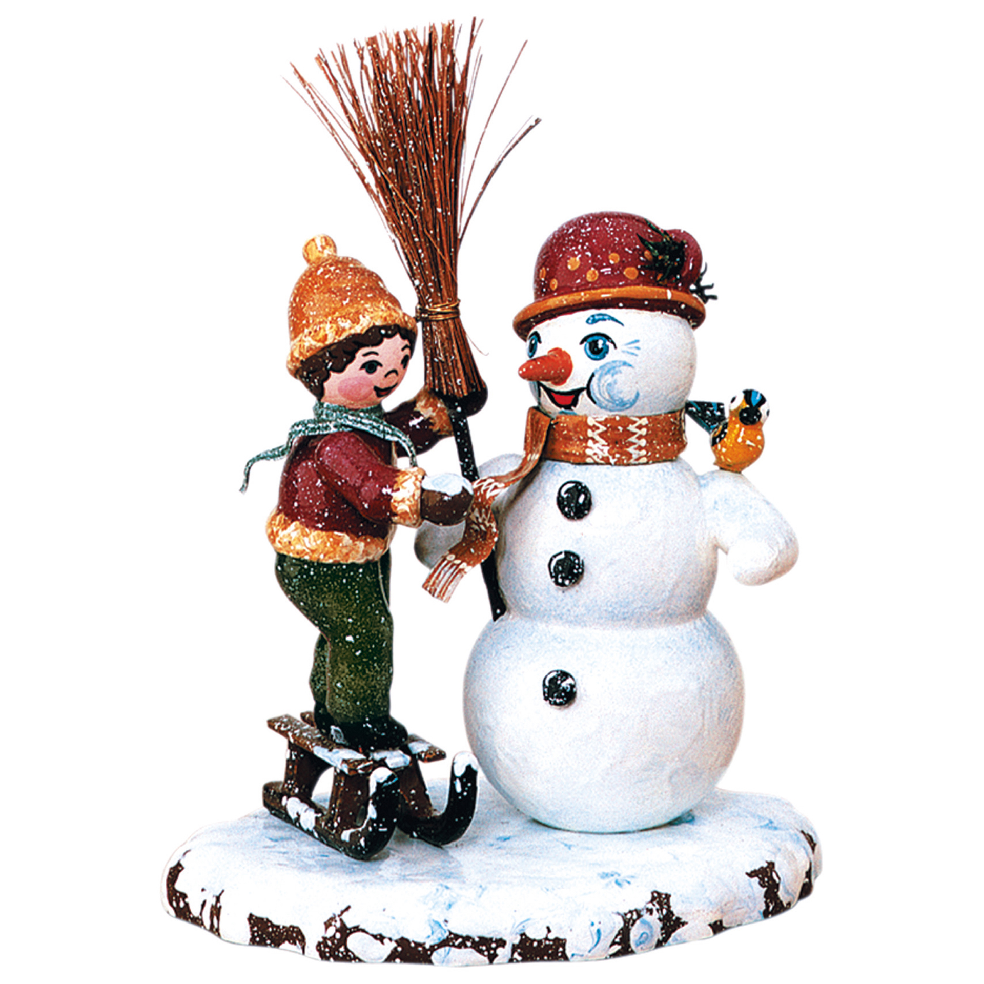 Winterkind Junge mit Schneemann