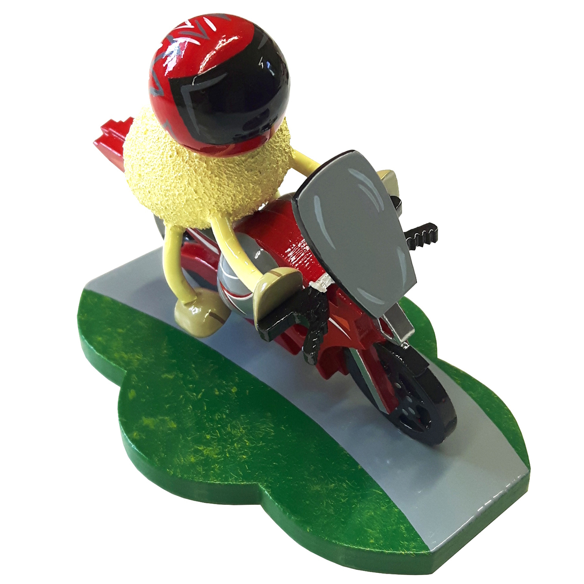 Schaf Racy mit rotem Motorrad 