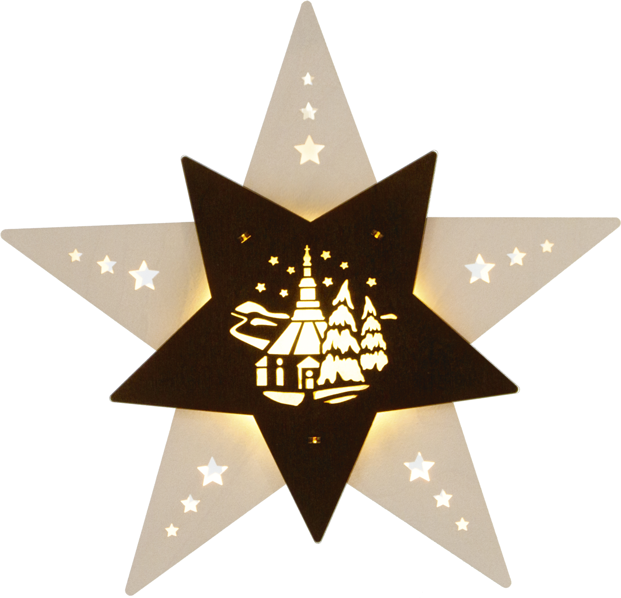 Fensterbild Stern mit Seiffener Kirche, elektrisch/LED Fensterbild Stern mit Seiffener Kirche, elektrisch/LED